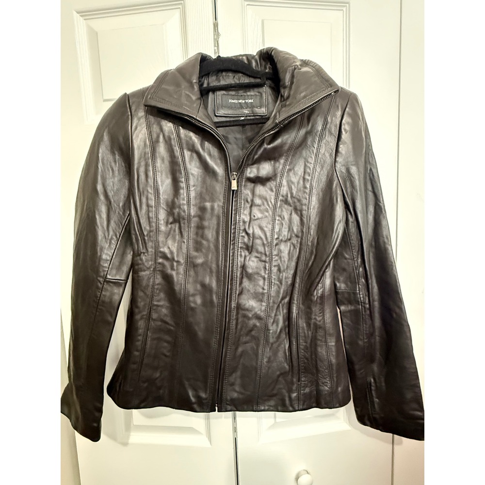 Jones New York Genuine Leather Jacket Womens M Black Fitted Moto Y2K Zip